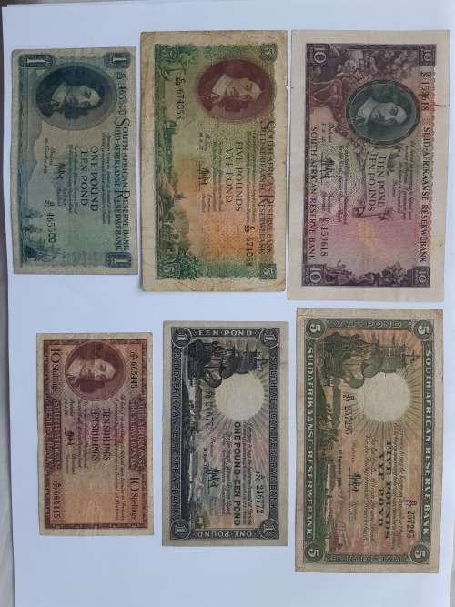 MH De Kock , South African various 1,5, 10 Poundand 10 Shillings  banknotes 1946-1957